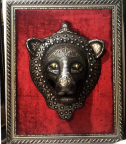 Antique Damascene Panther Mask Wall Art – Handmade Silver Inlay Metal Sculpture – Framed Middle Eastern Decor – Collectible Damascus Artwork
