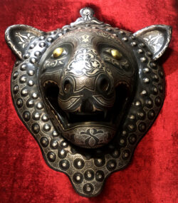 Antique Damascene Panther Mask Wall Art – Handmade Silver Inlay Metal Sculpture – Framed Middle Eastern Decor – Collectible Damascus Artwork - Image 4