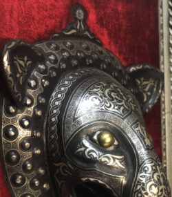 Antique Damascene Panther Mask Wall Art – Handmade Silver Inlay Metal Sculpture – Framed Middle Eastern Decor – Collectible Damascus Artwork - Image 3