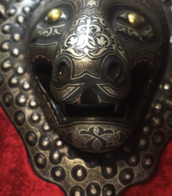 Antique Damascene Panther Mask Wall Art – Handmade Silver Inlay Metal Sculpture – Framed Middle Eastern Decor – Collectible Damascus Artwork - Image 9