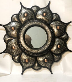 Antique Damascene Sunburst Mirror – Handmade Silver Inlay Wall Mirror – Middle Eastern Decorative Mirror – Damascus Artisan Wall Decor