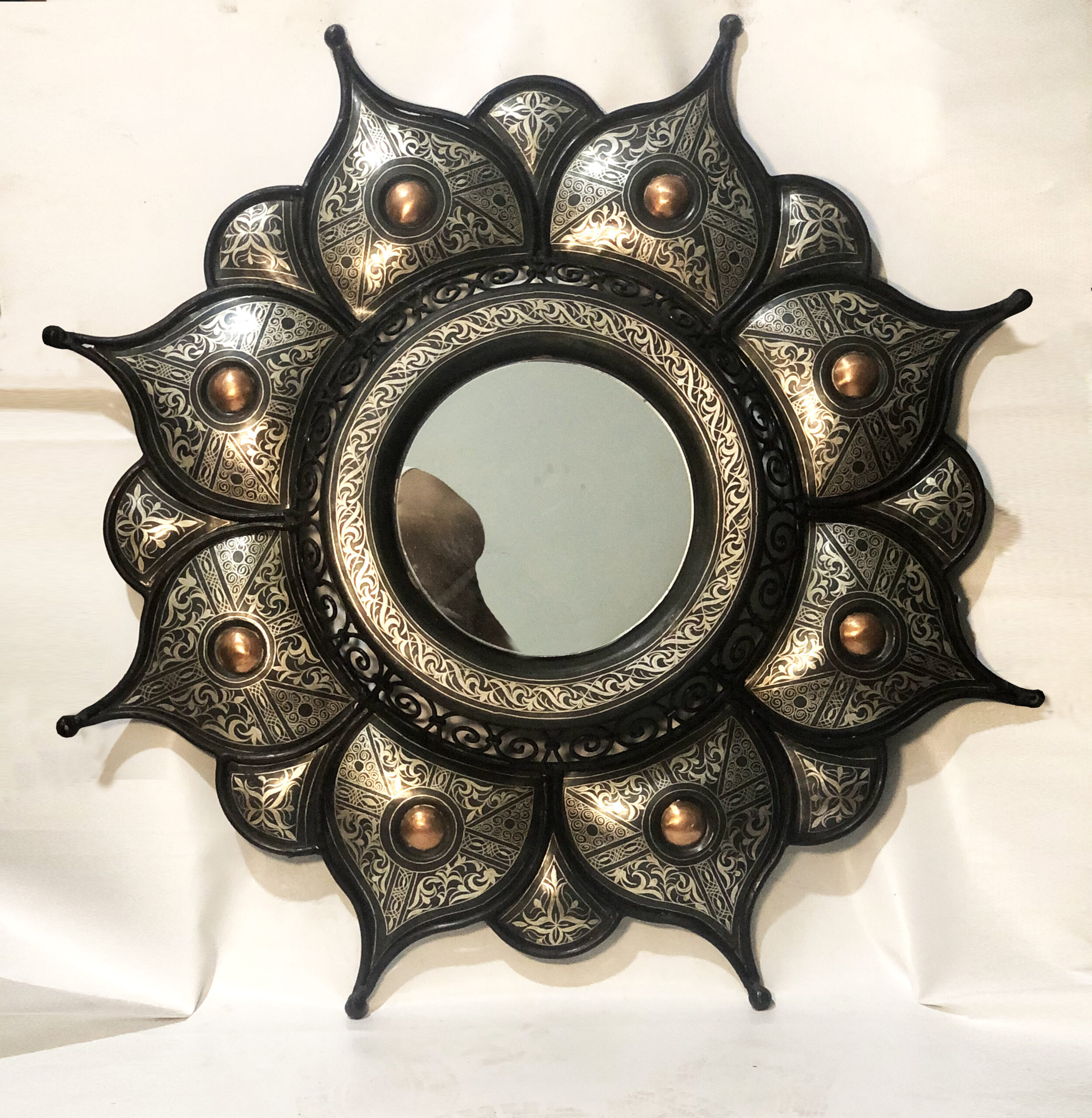 Antique Damascene Sunburst Mirror – Handmade Silver Inlay Wall Mirror – Middle Eastern Decorative Mirror – Damascus Artisan Wall Decor
