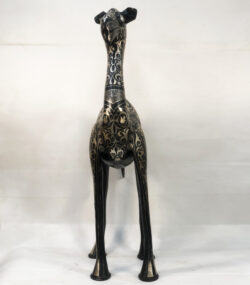 Handmade Moroccan Damascene camel sculpture featuring intricate silver inlay, handcrafted by master artisans in Meknes. Luxury artisan home décor and collectible metal artwork.