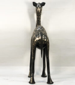 Handmade Moroccan Damascene camel sculpture featuring intricate silver inlay, handcrafted by master artisans in Meknes. Luxury artisan home décor and collectible metal artwork.