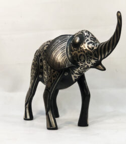 andmade Moroccan Damascene elephant sculpture featuring intricate silver inlay, handcrafted by master artisans in Meknes using traditional Damascene techniques.