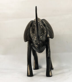 andmade Moroccan Damascene elephant sculpture featuring intricate silver inlay, handcrafted by master artisans in Meknes using traditional Damascene techniques.