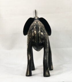 andmade Moroccan Damascene elephant sculpture featuring intricate silver inlay, handcrafted by master artisans in Meknes using traditional Damascene techniques.