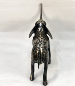 andmade Moroccan Damascene elephant sculpture featuring intricate silver inlay, handcrafted by master artisans in Meknes using traditional Damascene techniques.
