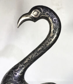 Damascene Flamingo Sculpture – Silver Inlay Metal Flamingo Statue, Rare Artisan Masterpiece from Meknes - Image 5