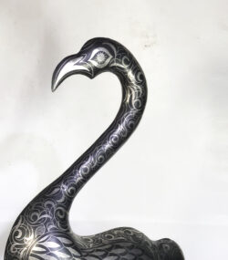 Damascene Flamingo Sculpture – Silver Inlay Metal Flamingo Statue, Rare Artisan Masterpiece from Meknes - Image 13