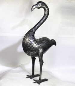 Damascene Flamingo Sculpture – Silver Inlay Metal Flamingo Statue, Rare Artisan Masterpiece from Meknes