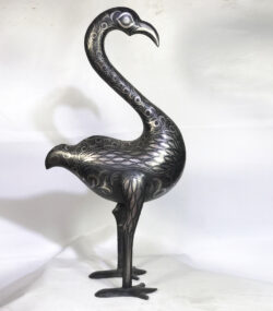 Damascene Flamingo Sculpture – Silver Inlay Metal Flamingo Statue, Rare Artisan Masterpiece from Meknes - Image 3