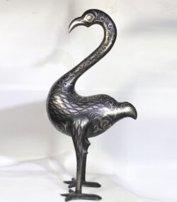Damascene Flamingo Sculpture – Silver Inlay Metal Flamingo Statue, Rare Artisan Masterpiece from Meknes - Image 2