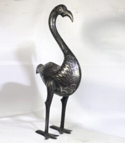 Damascene Flamingo Sculpture – Silver Inlay Metal Flamingo Statue, Rare Artisan Masterpiece from Meknes - Image 4