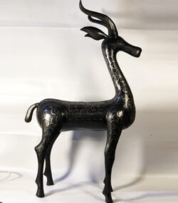 Handmade Damascene Gazelle Sculpture – Silver Inlay Metal Antelope Statue, Luxury Artisan Decor from Meknes