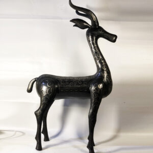 Handmade Damascene Gazelle Sculpture – Silver Inlay Metal Antelope Statue, Luxury Artisan Decor from Meknes