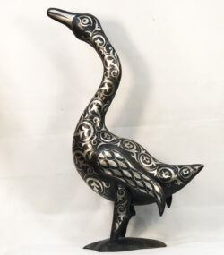 Handmade Moroccan Damascene goose sculpture with intricate silver inlay patterns, handcrafted by master artisans in Meknes, Morocco.