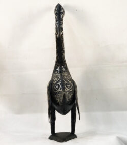 Handmade Moroccan Damascene goose sculpture with intricate silver inlay patterns, handcrafted by master artisans in Meknes, Morocco.
