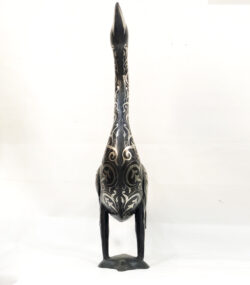 Handmade Moroccan Damascene goose sculpture with intricate silver inlay patterns, handcrafted by master artisans in Meknes, Morocco.