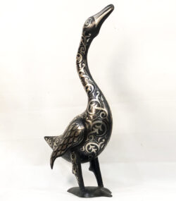 Handmade Moroccan Damascene goose sculpture with intricate silver inlay patterns, handcrafted by master artisans in Meknes, Morocco.