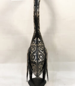 Handmade Moroccan Damascene goose sculpture with intricate silver inlay patterns, handcrafted by master artisans in Meknes, Morocco.