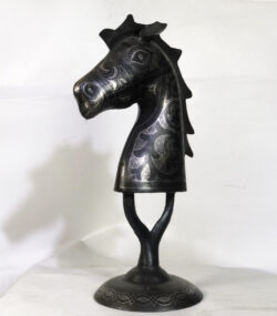 Horse Head Sculpture – Silver Inlay Metal Horse Bust, Rare Artisan Masterpiece from Meknes