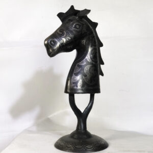 Horse Head Sculpture – Silver Inlay Metal Horse Bust, Rare Artisan Masterpiece from Meknes