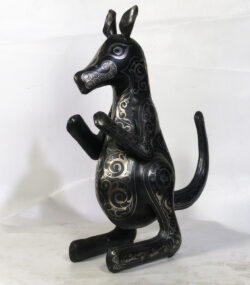 Damascene Kangaroo Sculpture – Silver Inlay Metal Kangaroo Statue, Rare Artisan Masterpiece from Meknes