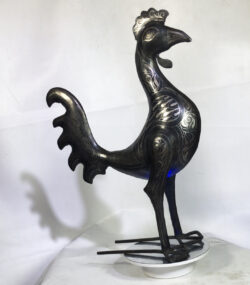 Damascene Rooster Sculpture – Silver Inlay Metal Rooster Statue, Rare Artisan Masterpiece from Meknes - Image 7