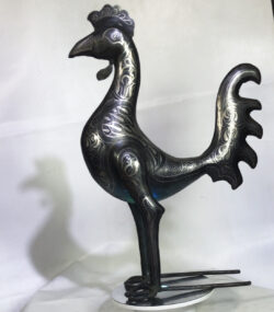 Damascene Rooster Sculpture – Silver Inlay Metal Rooster Statue, Rare Artisan Masterpiece from Meknes - Image 5