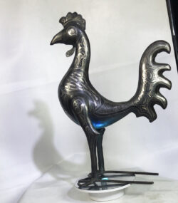 Damascene Rooster Sculpture – Silver Inlay Metal Rooster Statue, Rare Artisan Masterpiece from Meknes
