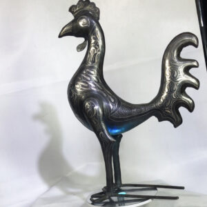 Damascene Rooster Sculpture – Silver Inlay Metal Rooster Statue, Rare Artisan Masterpiece from Meknes