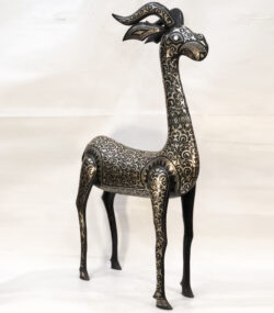 Handmade Damascene Gazelle Sculpture – Silver Inlay Metal Antelope Statue, Luxury Artisan Decor from Meknes