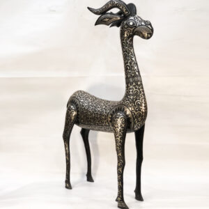 Handmade Damascene Gazelle Sculpture – Silver Inlay Metal Antelope Statue, Luxury Artisan Decor from Meknes