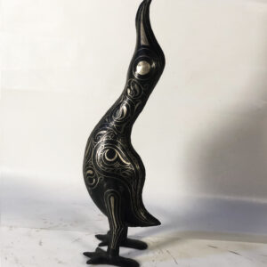 Handmade Damascene Heron Sculpture – Moroccan Silver Inlay Bird Statue, Luxury Artisan Metal Decor