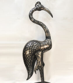 Handmade Damascene Heron Sculpture – Silver Inlay Metal Bird Statue, Luxury Artisan Crane Decor from Meknes - Image 3