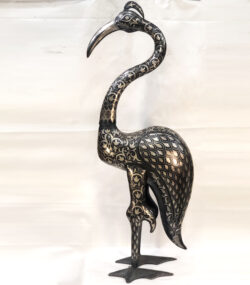 Handmade Damascene Heron Sculpture – Silver Inlay Metal Bird Statue, Luxury Artisan Crane Decor from Meknes