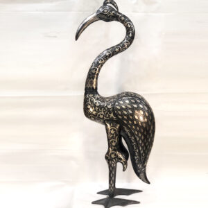 Handmade Damascene Heron Sculpture – Silver Inlay Metal Bird Statue, Luxury Artisan Crane Decor from Meknes