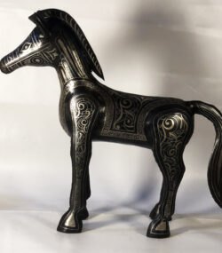 Handmade Damascene Horse Statue – Silver Inlay Metal Horse Sculpture – Moroccan Artisan Decor – Equestrian Gift – Luxury Home Accent