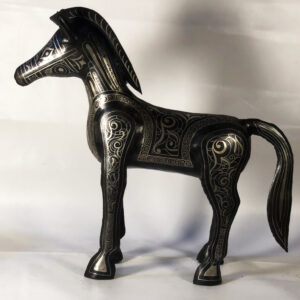 Handmade Damascene Horse Statue – Silver Inlay Metal Horse Sculpture – Moroccan Artisan Decor – Equestrian Gift – Luxury Home Accent