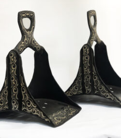 Handmade Damascene Horse Stirrups – Silver Inlay Equestrian Decor – Decorative Metal Saddle Stirrups – Moroccan Artisan Wall Art - Image 8