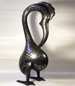 Damascene Ibis Sculpture – Silver Inlay Metal Ibis Statue, Luxury Artisan Wildlife Art from Meknes