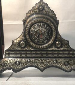 Wooden Rare Handmade Damascene Mantel Clock – Silver Inlay Desk Clock – Moroccan Decorative Clock – Luxury Middle Eastern Home Decor - Image 2