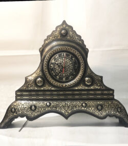 Wooden Rare Handmade Damascene Mantel Clock – Silver Inlay Desk Clock – Moroccan Decorative Clock – Luxury Middle Eastern Home Decor