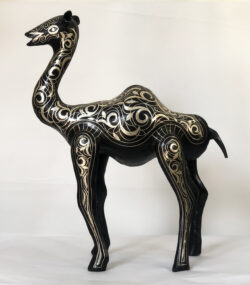 Damascene small Camel Sculpture – Handmade Silver Inlay Metal Art from Meknes, Luxury Artisan Home Decor