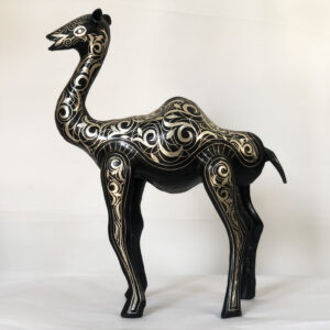 Damascene small Camel Sculpture – Handmade Silver Inlay Metal Art from Meknes, Luxury Artisan Home Decor