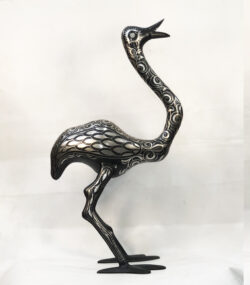 Handmade Moroccan Damascene ostrich sculpture with intricate silver inlay patterns, handcrafted by master artisans in Meknes, Morocco.