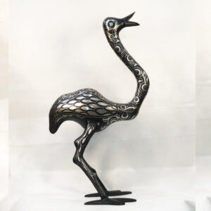 Handmade Moroccan Damascene ostrich sculpture with intricate silver inlay patterns, handcrafted by master artisans in Meknes, Morocco.