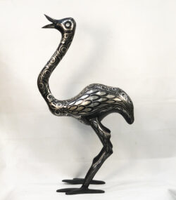 Handmade Moroccan Damascene ostrich sculpture with intricate silver inlay patterns, handcrafted by master artisans in Meknes, Morocco.