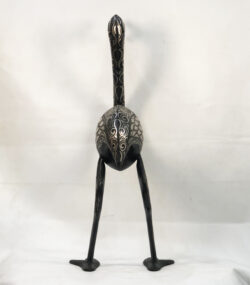 Handmade Moroccan Damascene ostrich sculpture with intricate silver inlay patterns, handcrafted by master artisans in Meknes, Morocco.